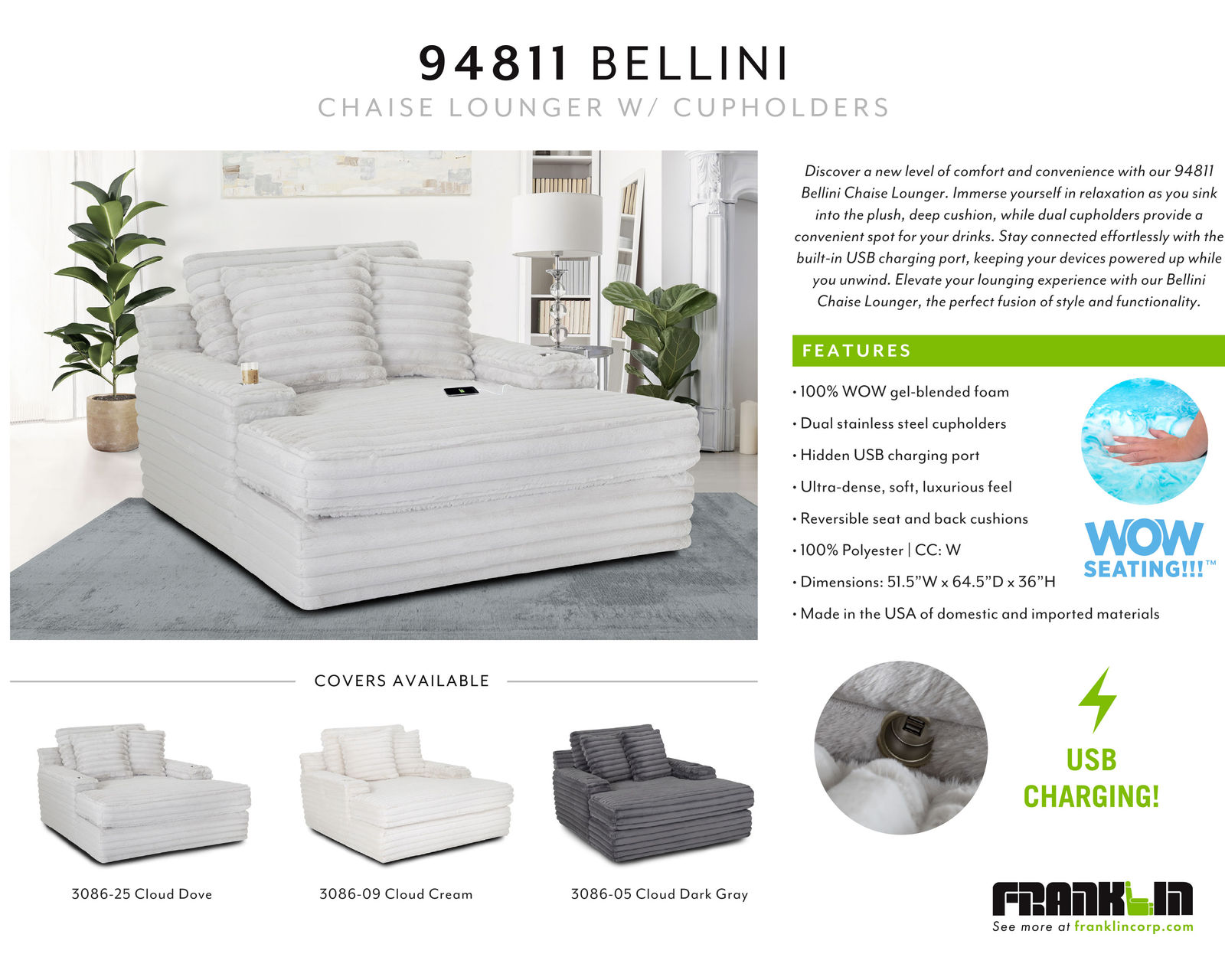 Bellini Home Theatre Chaise Lounge w/ Dual CUPHOLDERS and USB Charging Port (3 Colors)	