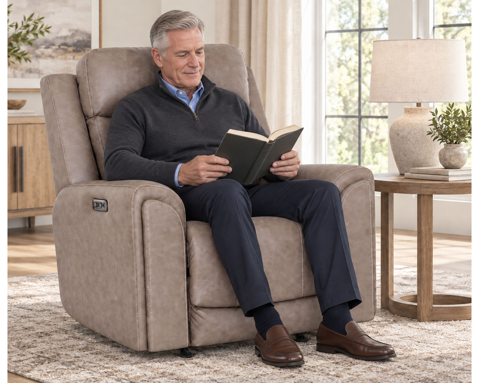 Argent 4730 Power Headrest Rocker Recliner with Neori Air Massage (Deep-Tissue Air Massage. Total Relaxation) 3 colors - Shown in a Durable Long Wearing Leather Like Fabric Color Griege