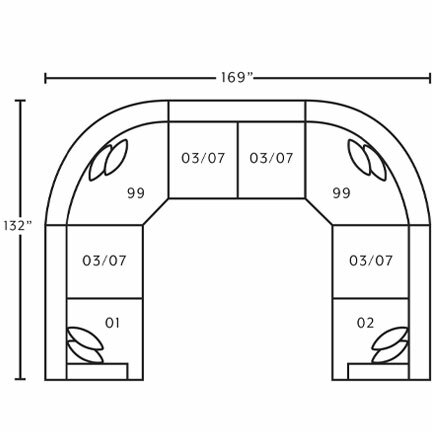 Layout C:  Eight Piece Reclining Sectional 132" x 169" x 132" (4 Recliners)