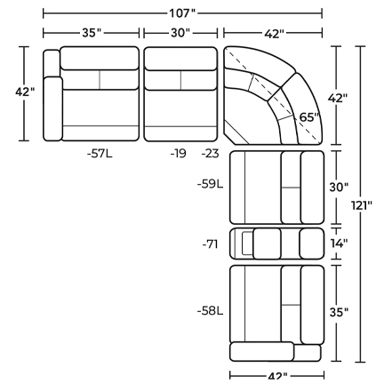 Layout D:  Six Piece Reclining Sectional 107" x 121" (three recliners)