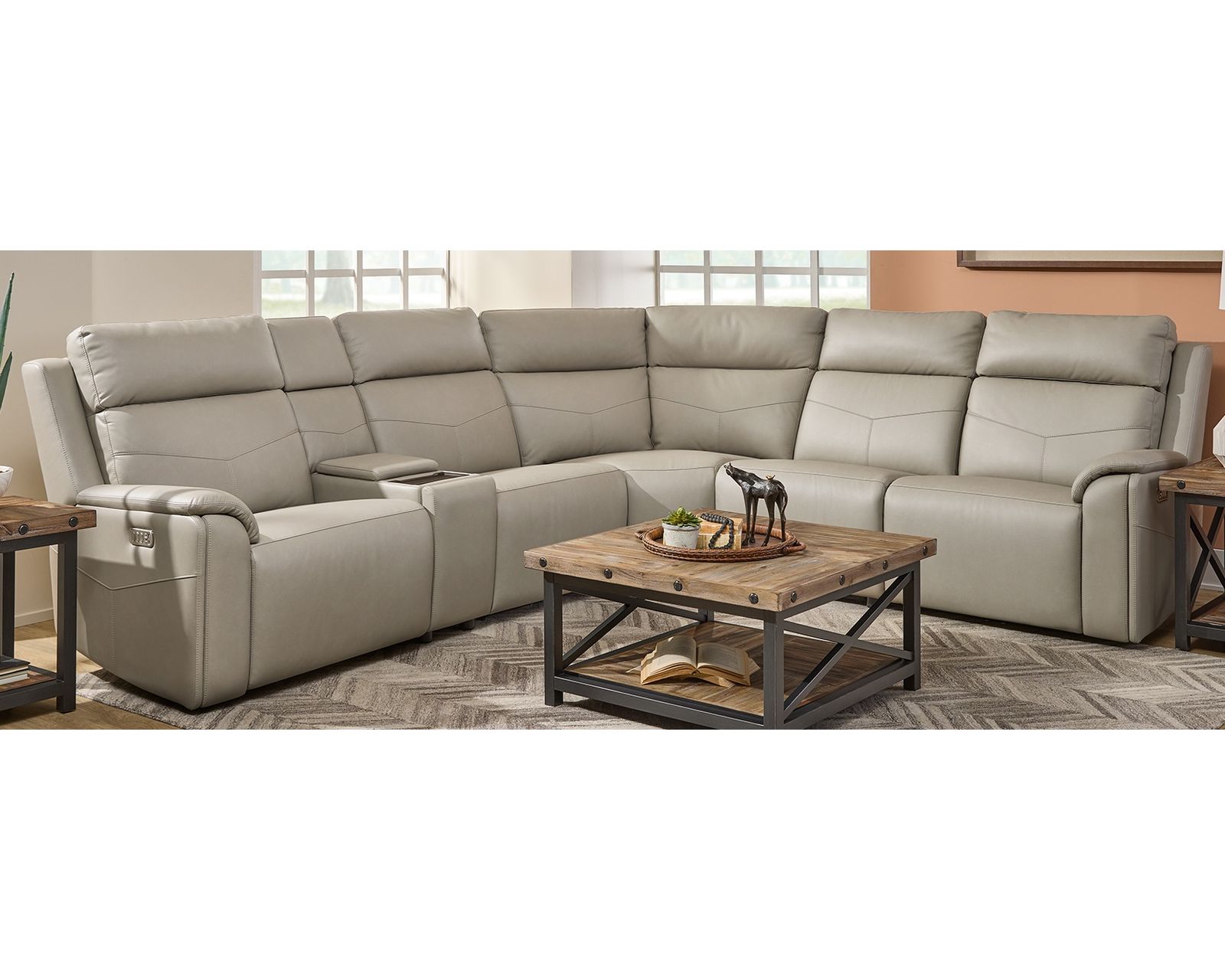 Vernon 1592 Triple Power Reclining Sectional with Heat and Massage (2 colors) 386-01 - In stock - Layout A: Six Piece Reclining Sectional 124" x 111" (2 recliners)