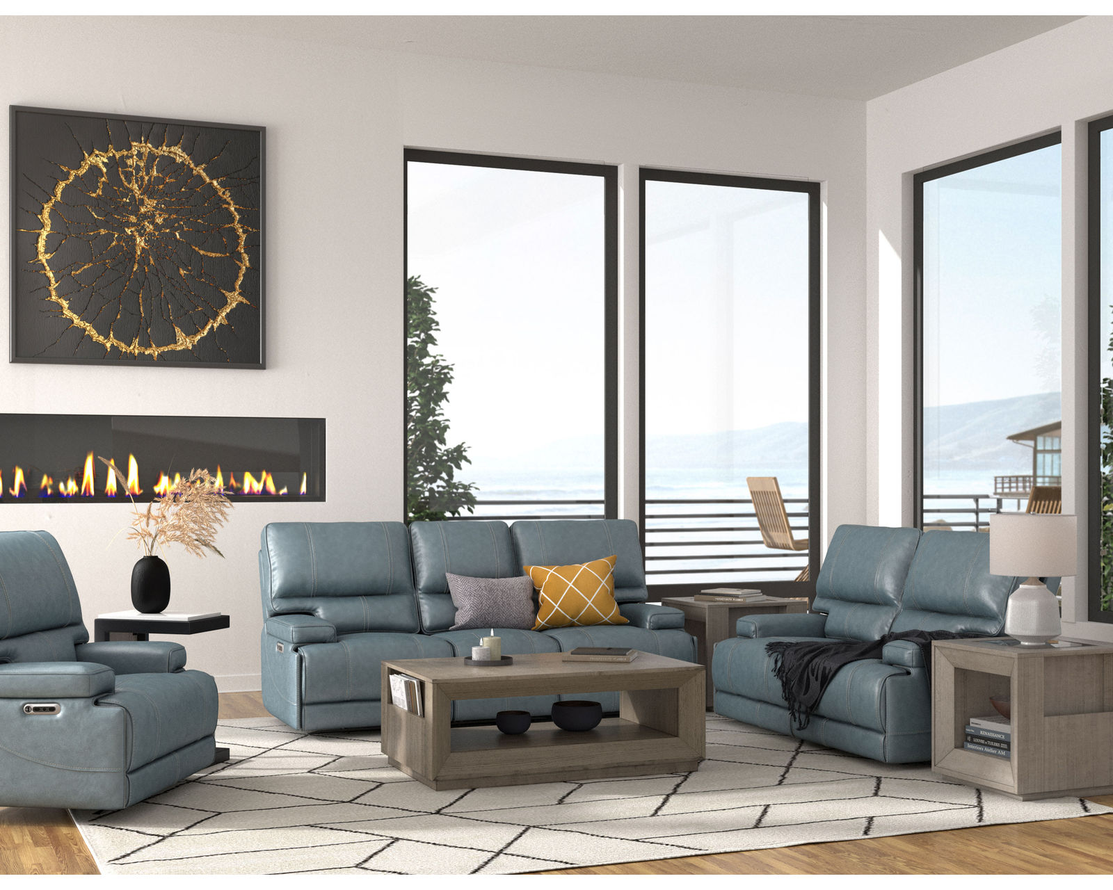 Whitman 89" FreeMotion Cordless Power Reclining Sofa (Battery Operated) Azure (In stock - Fast shipping) - 100% Genuine Top Grain Leather Everywhere Your Body Touches