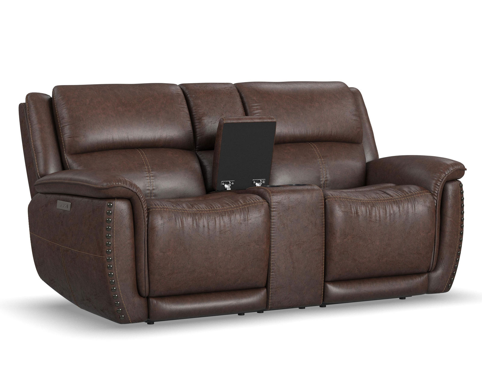 Beau 1011 Power Headrest Power Reclining Console Loveseat (Caramel faux leather fabric) in stock - Also available in chocolate leather like fabric