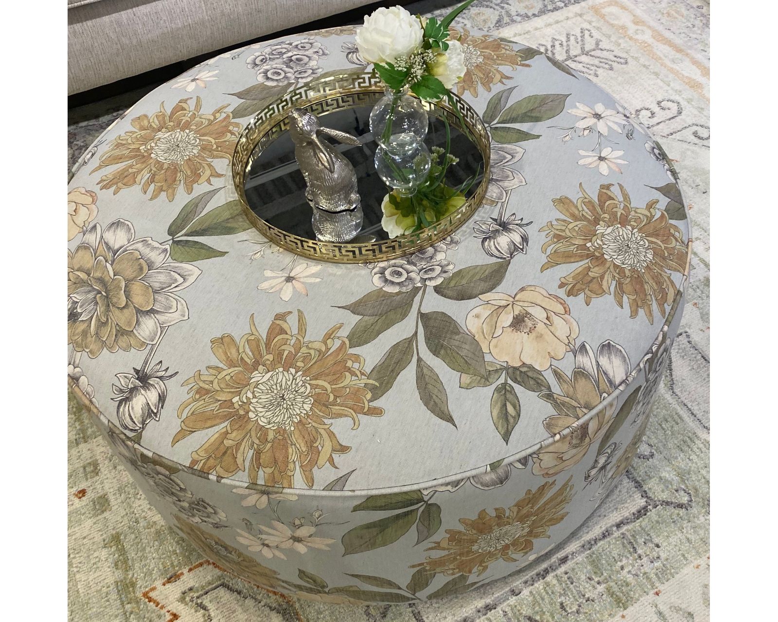 Celadon Salt 98" Sofa 4200-KP - performance fabric - includes pillows  - Flora Powder 39" Round Cocktail Ottoman 