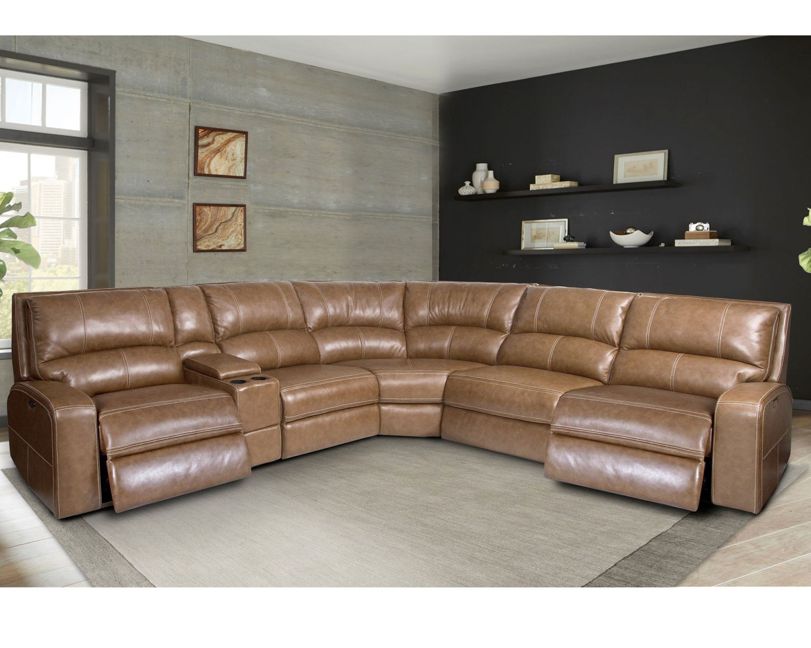 Swift Power Headrest Power Reclining Sectional Bourbon Leather  (In stock - Fast shipping)