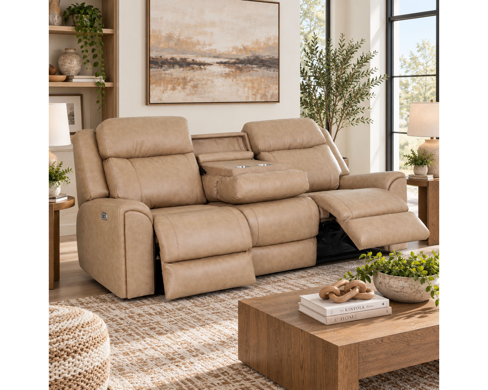 Parker 91" Reclining Sofa with Drop-Down Table & Cupholders (Refined Style. Personalized Comfort. Available Neori™ Air Massage) - Shown in Durable Leather Like Fabric Sand