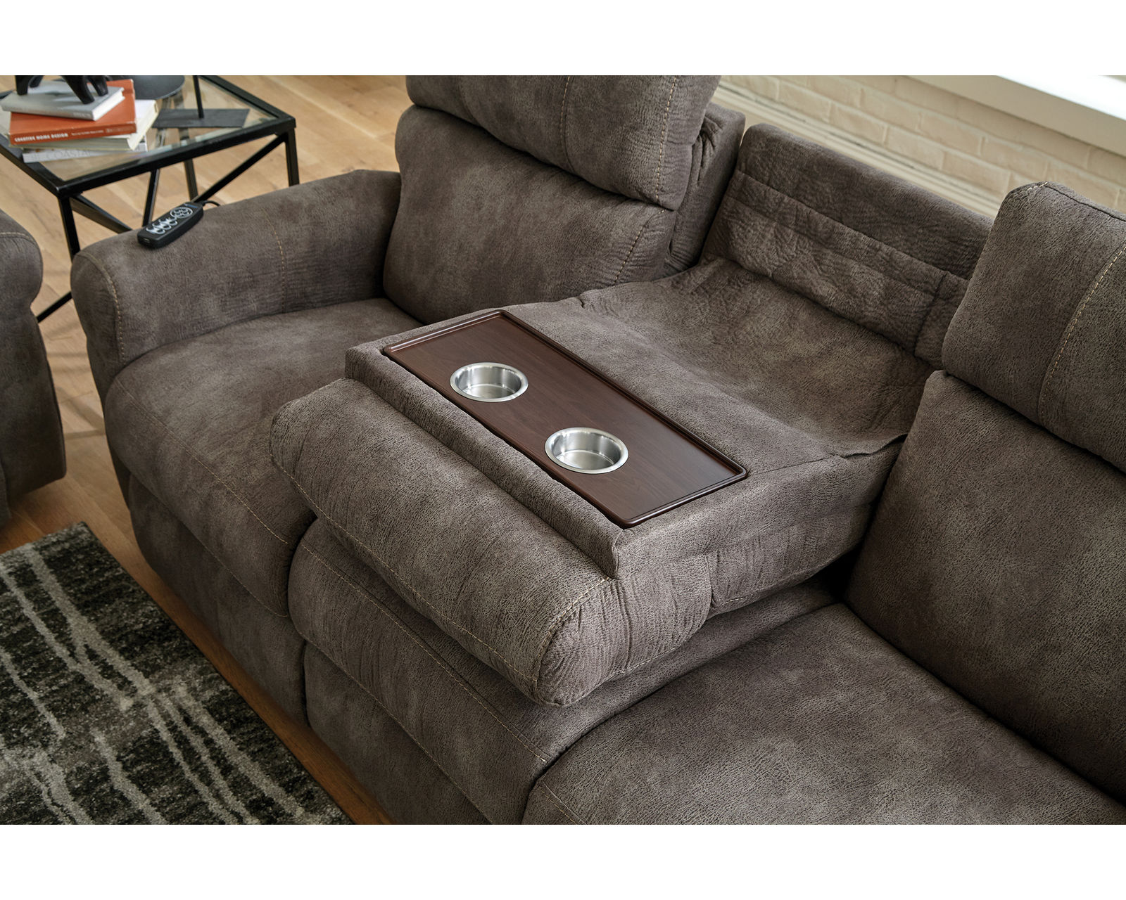 Tranquility 87" Power Reclining Lay Flat Sofa with Power Headrests, Deep Tissue Massage, Heat & Center Drop-Down Table (includes pillows) - Features a Center Drop Down Table with Cupholders