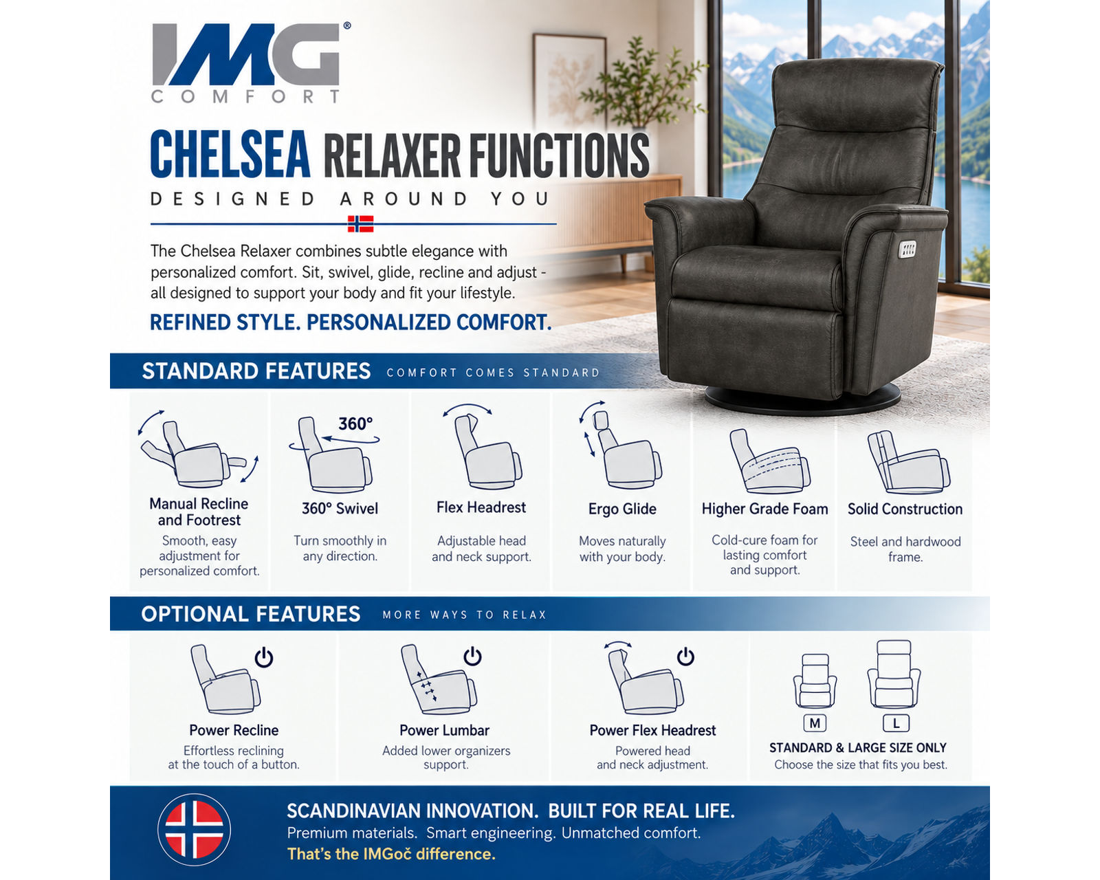 Chelsea Swivel Glider Relaxer Recliner Whiskey (Scandinavian Comfort That Moves With You) In stock - Built Better. Feels Better. Priced Better.