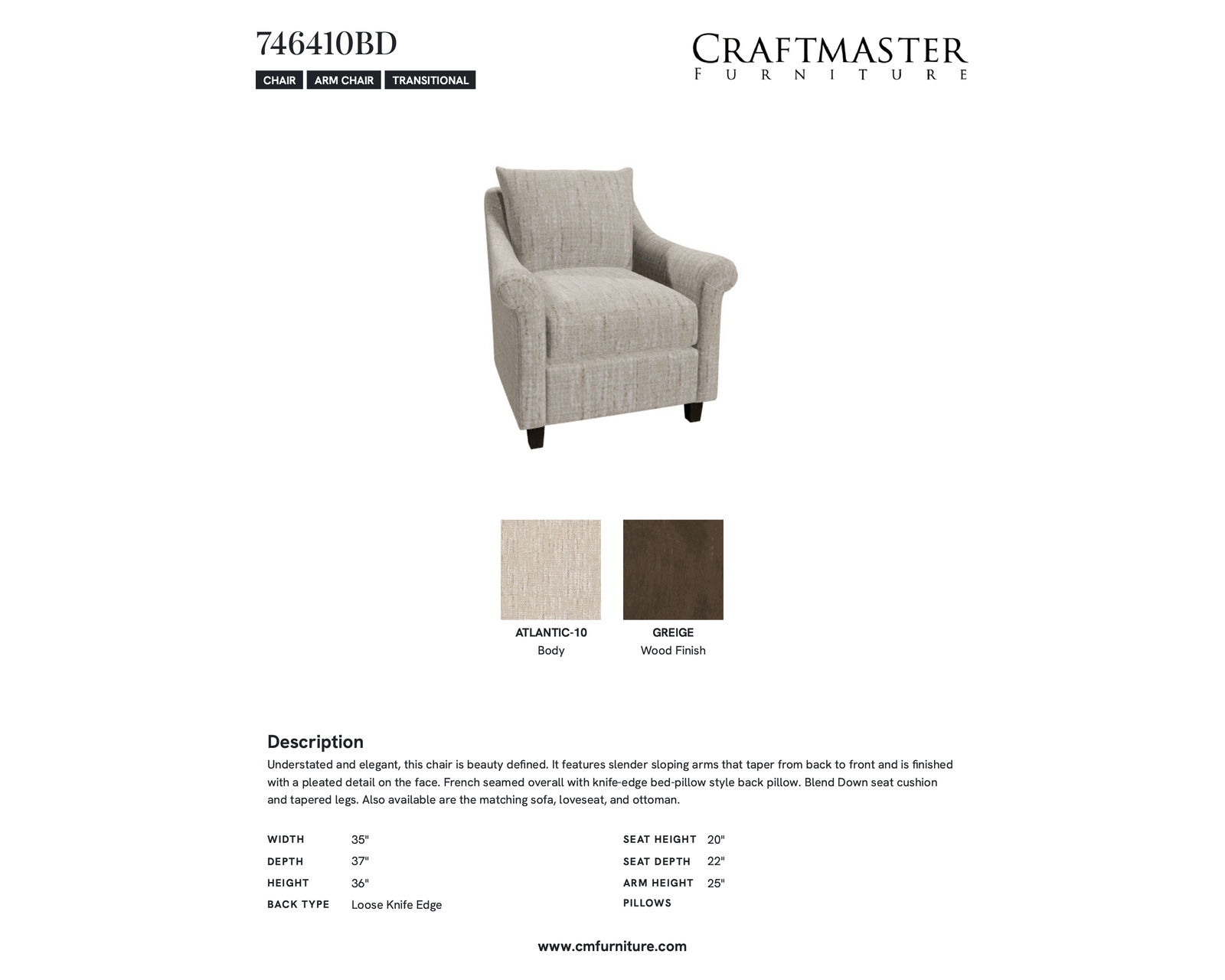Sheffield 7464 Sofa (90") +100 performance fabrics) - Specifications