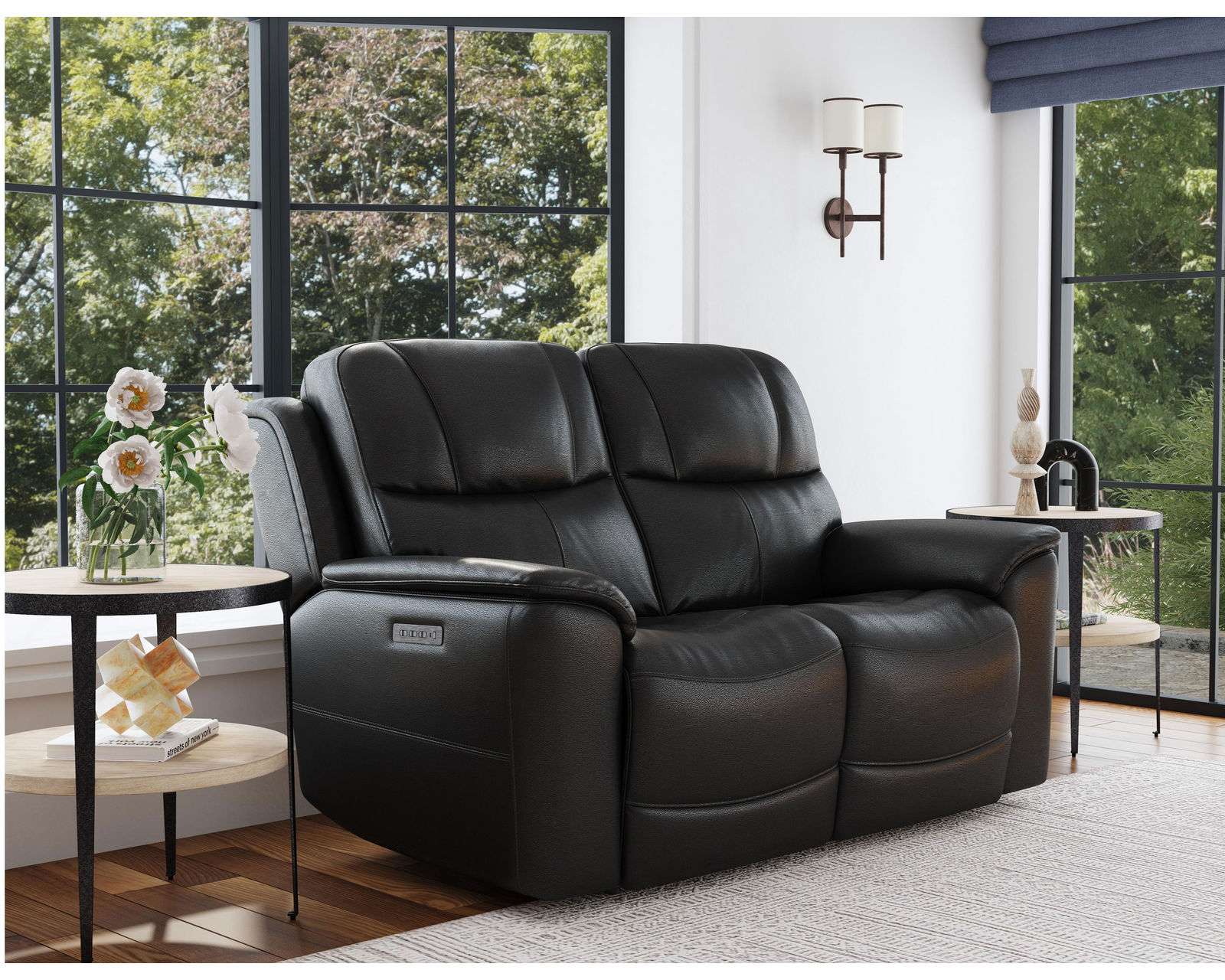 Crew Power Reclining Sofa with Power Headrests & Lumbar (Black leather) 89" - in stock - Crew Power Reclining Loveseat with Power Headrests & Lumbar