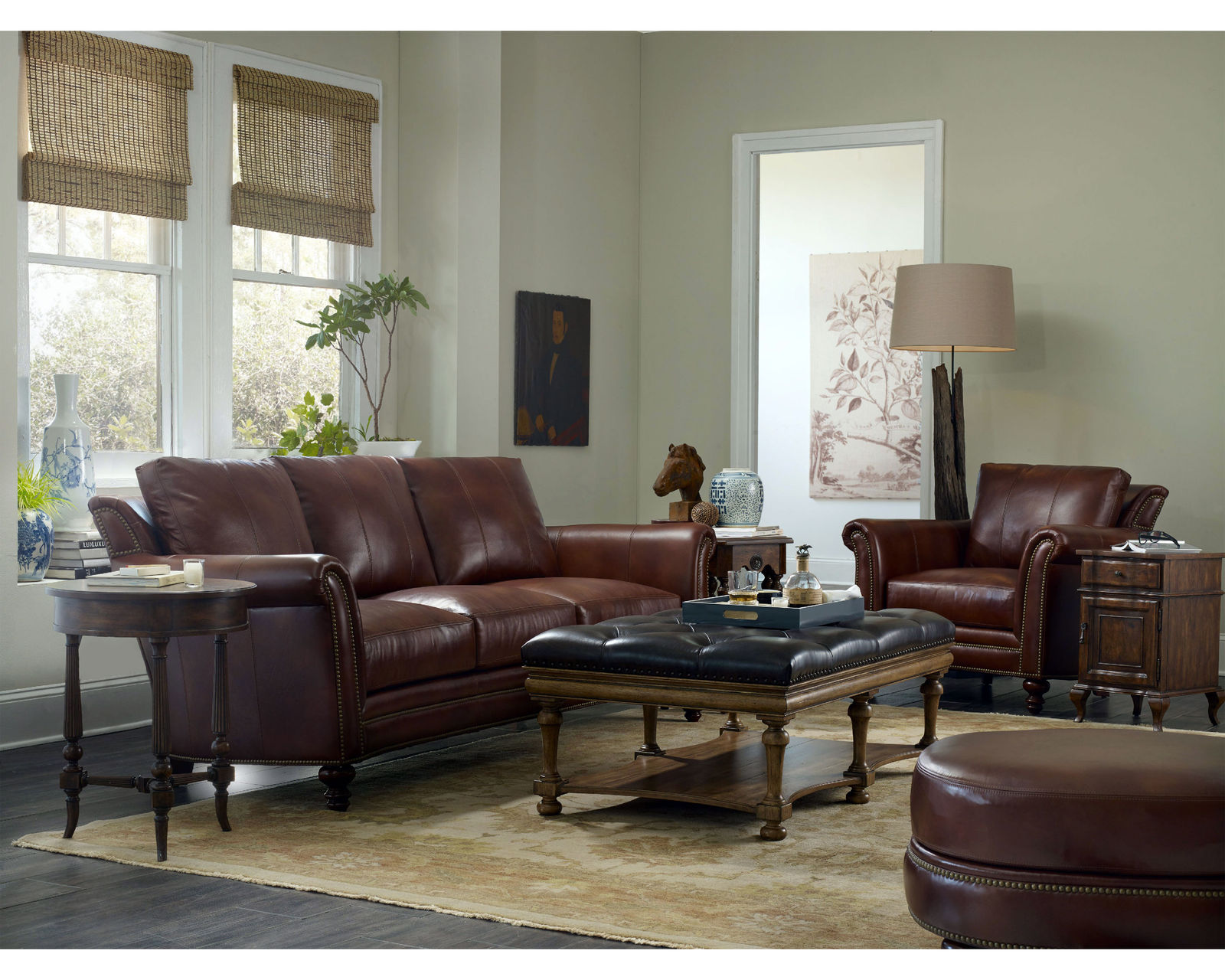 Bradington Youn Richardson Stationary Sofa 8-Way Tie - Top Grain Leather - In Stock (Brown) - Richardson Stationary Sofa 8-Way Tie - Top Grain Leather - In Stock