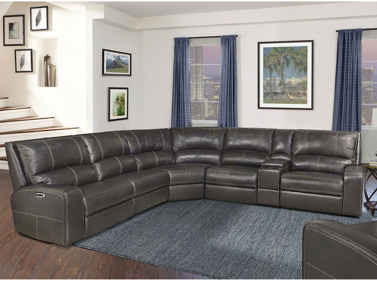 Swift Power Headrest Power Reclining Sectional Twilight Leather  (In stock - Fast shipping) - Sectional Layout C: Swift Twilight 6pc Power Reclining Sectional with Power Headrests
