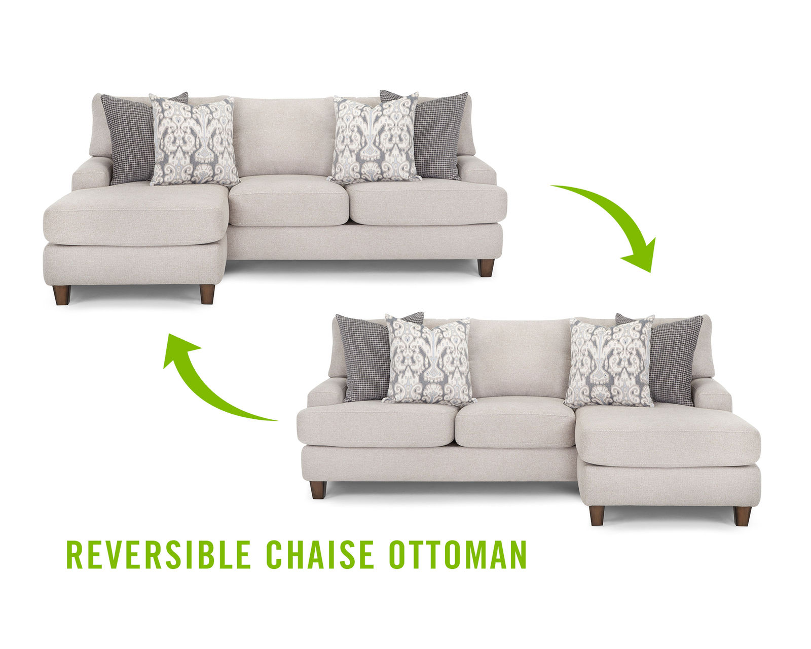 Kimber 95" Sofa with Reversible Chaise Ottoman (Includes pillows) - Available left or right side (Simple move the chaise pad and ottoman)