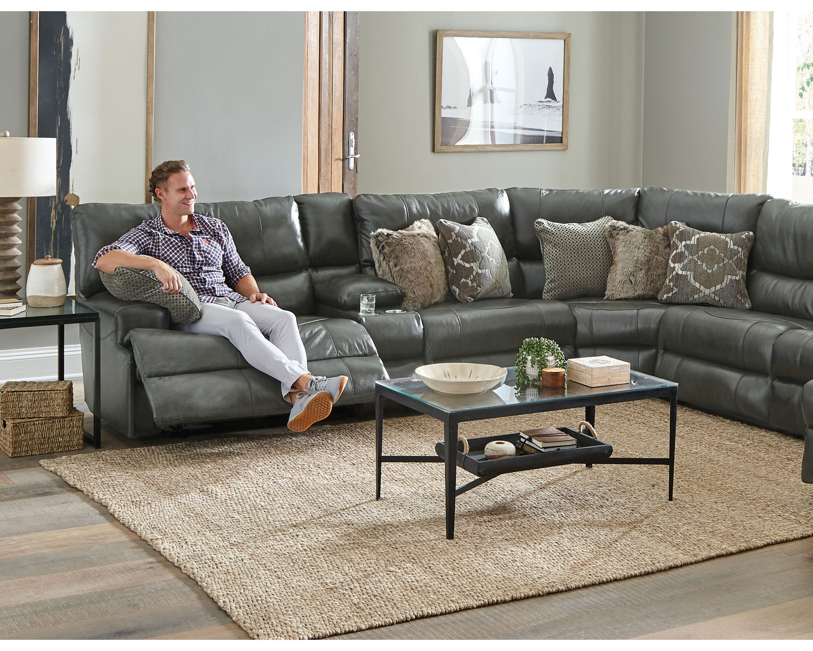 Como Lay Flat Modular Reclining Leather Sectional (2 colors) - Left Side Leather Recliner