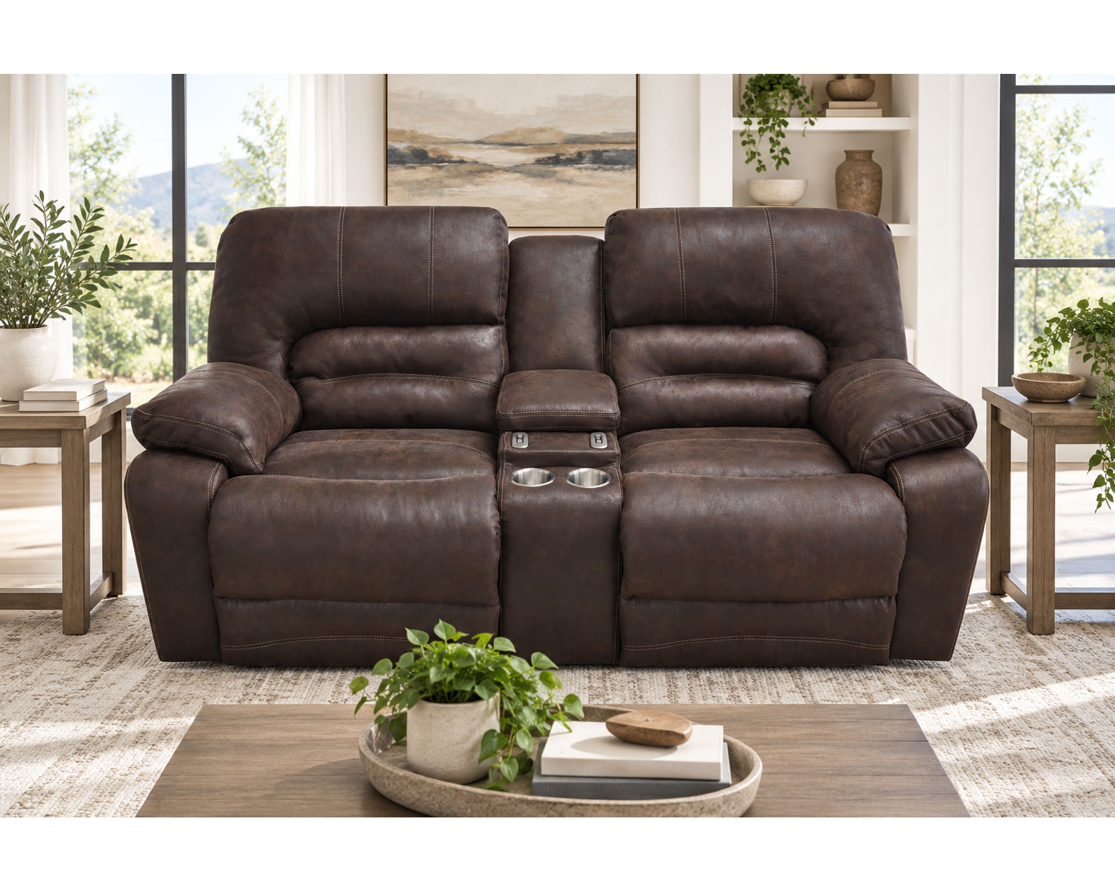 Legacy 88" Reclining Sofa with Drop-Down Table & Lights (Classic Reclining Comfort. Smart Features for Everyday Living) - Shown in a Leather Like Durable Polyester Fabric Chocolate