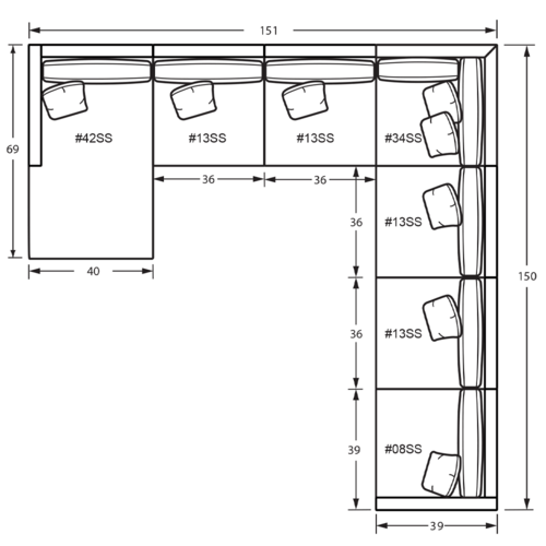 Layout I: Seven Piece Sectional 69" x 151" x 150"