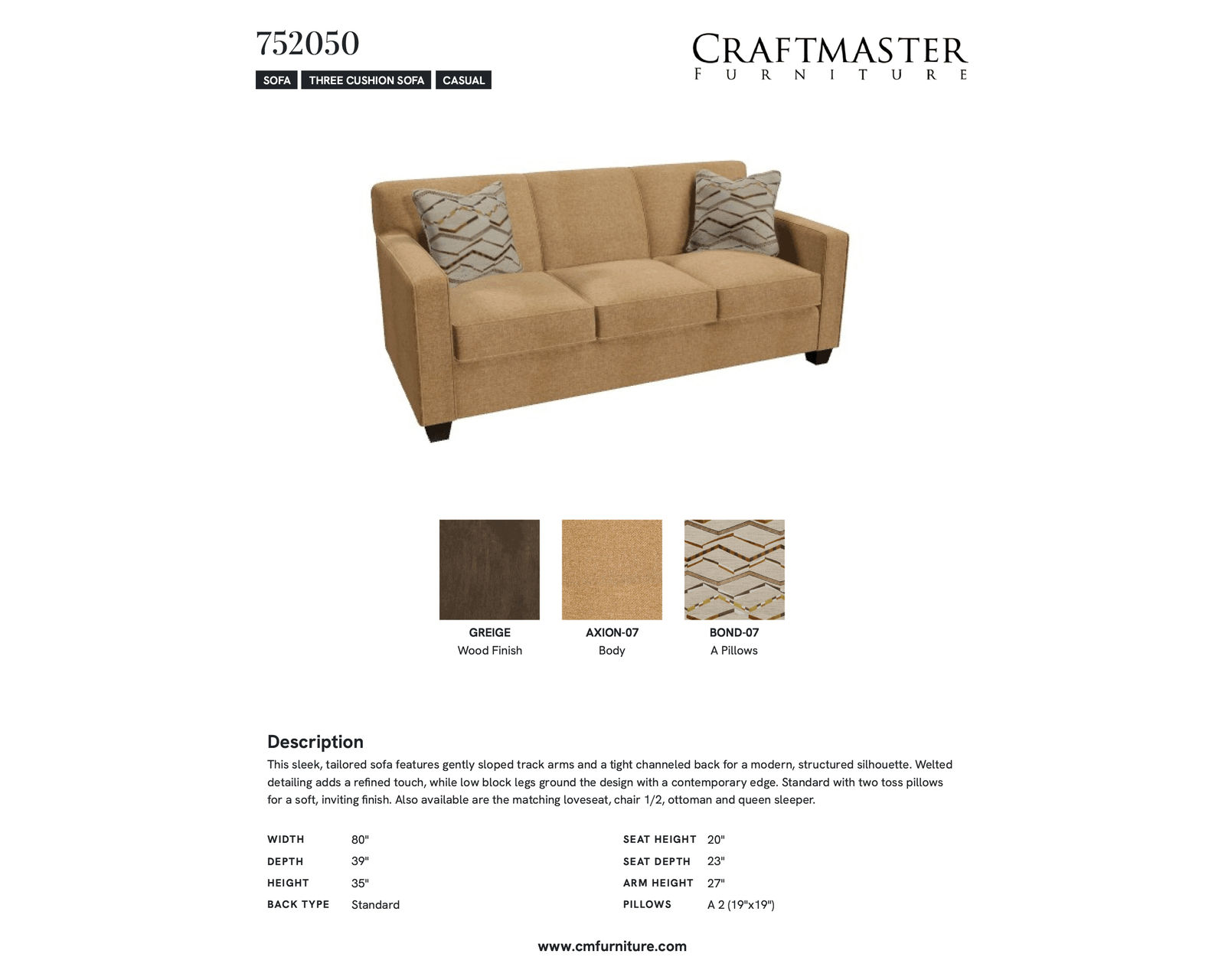 Tibby 7520 Sofa (80") +100 performance fabrics - Specifications