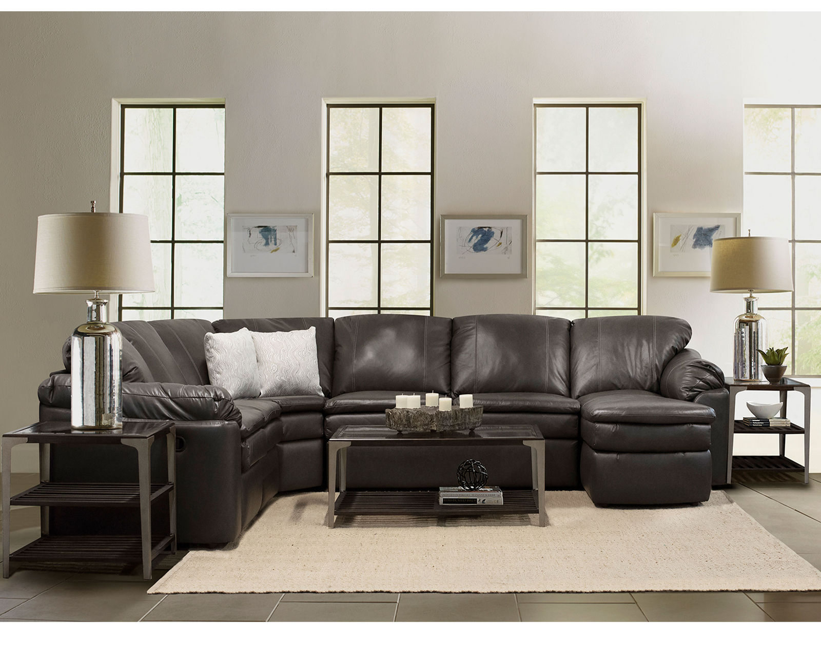 Lackawanna 7300L Leather Reclining Sectional (7 Top-Grain Leather Choices) - Layout G: Five Piece Reclining Sectional 105" x 148" (2 recliners)