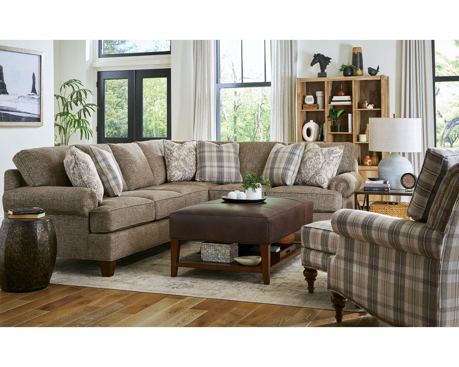 C9 Stationary Sectional (100+ Performance fabrics) Make it Yours - Shown with panel arms (with nailheads) knife edge back cushions and tapered legs