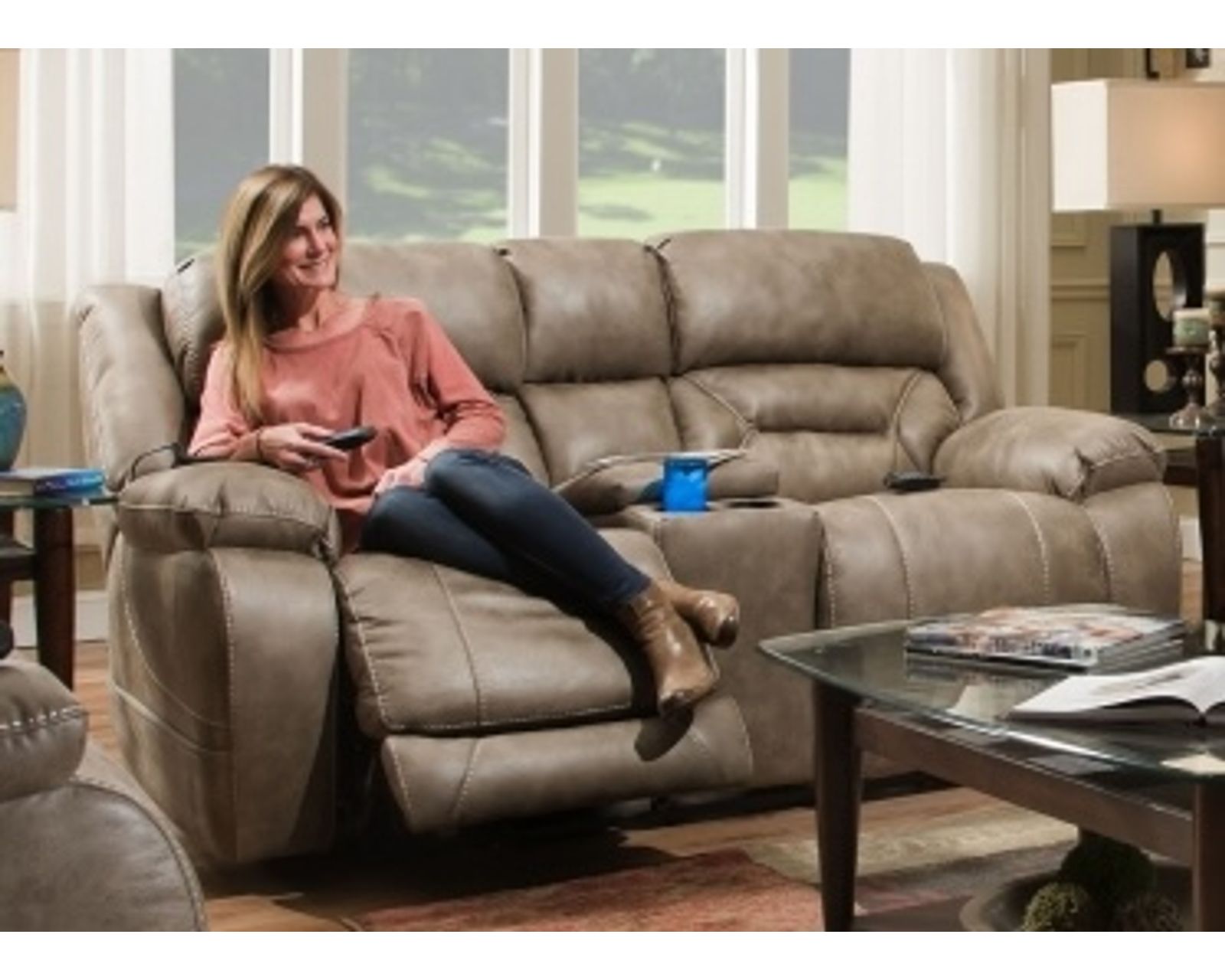 Greer 91" Triple Power Reclining Sofa Mushroom (In stock) - Greer 79" Power Reclining Console Loveseat