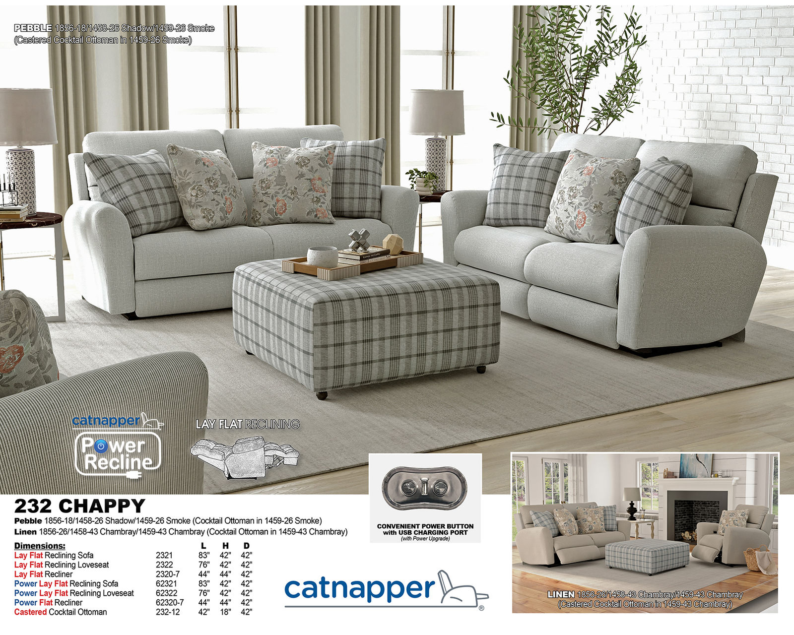 Chappy 83" Lay Flat Reclining Sofa Farmhouse Casual Styling (includes pillows) 2 colors - America's Favorite Way to Unwind.