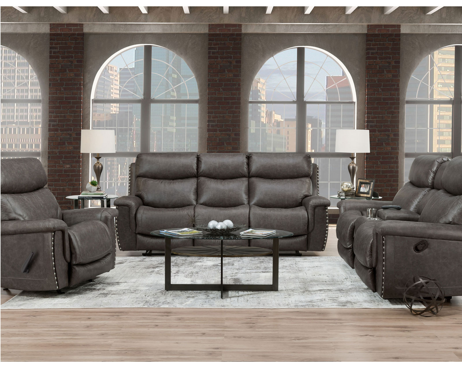 Brixton 647 Reclining Sofa (94") Steel Faux Leather Like Fabric