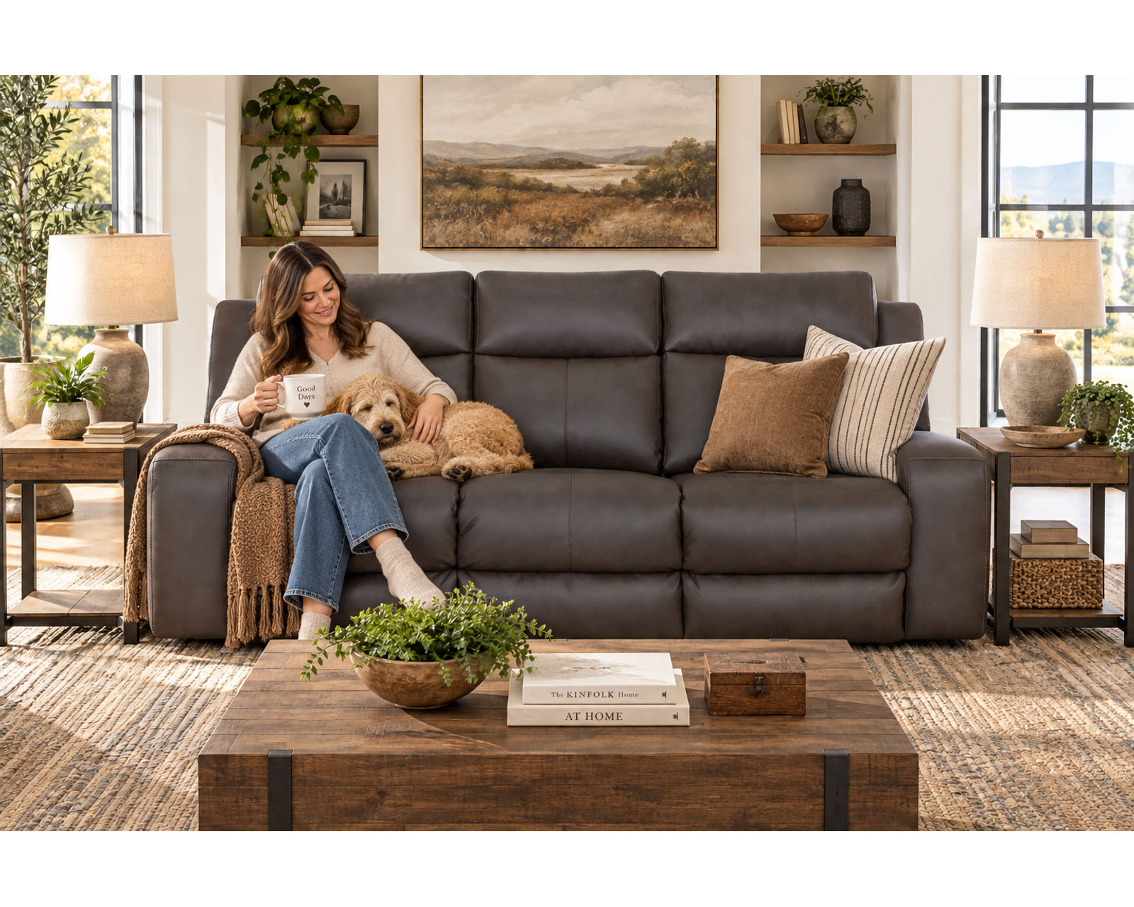 Winston 92" Reclining Sofa with Drop-Down Table & Cupholders (Sophisticated Style. Serious Comfort. Neori Air Massage Option) - Includes Center Drop Down Table with Metal Cupholders