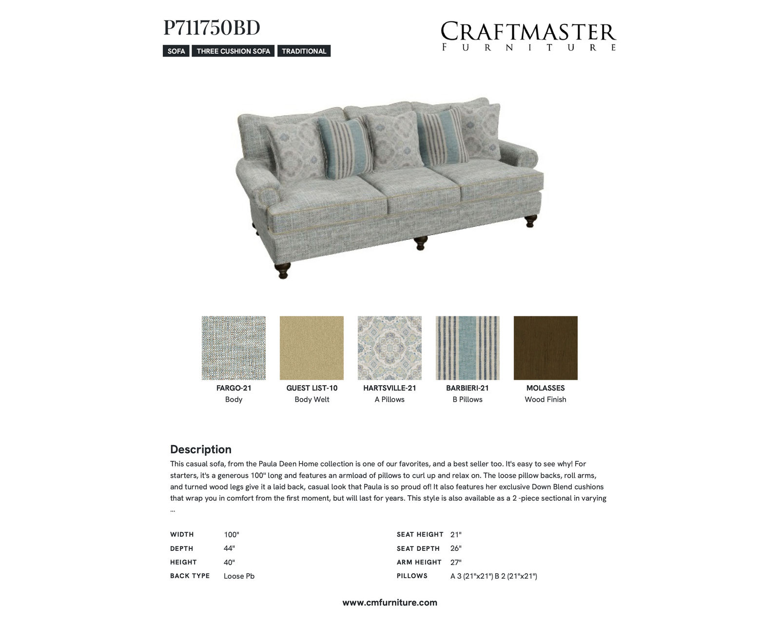  Laurens 7117 Sofa (100")  - IN STOCK