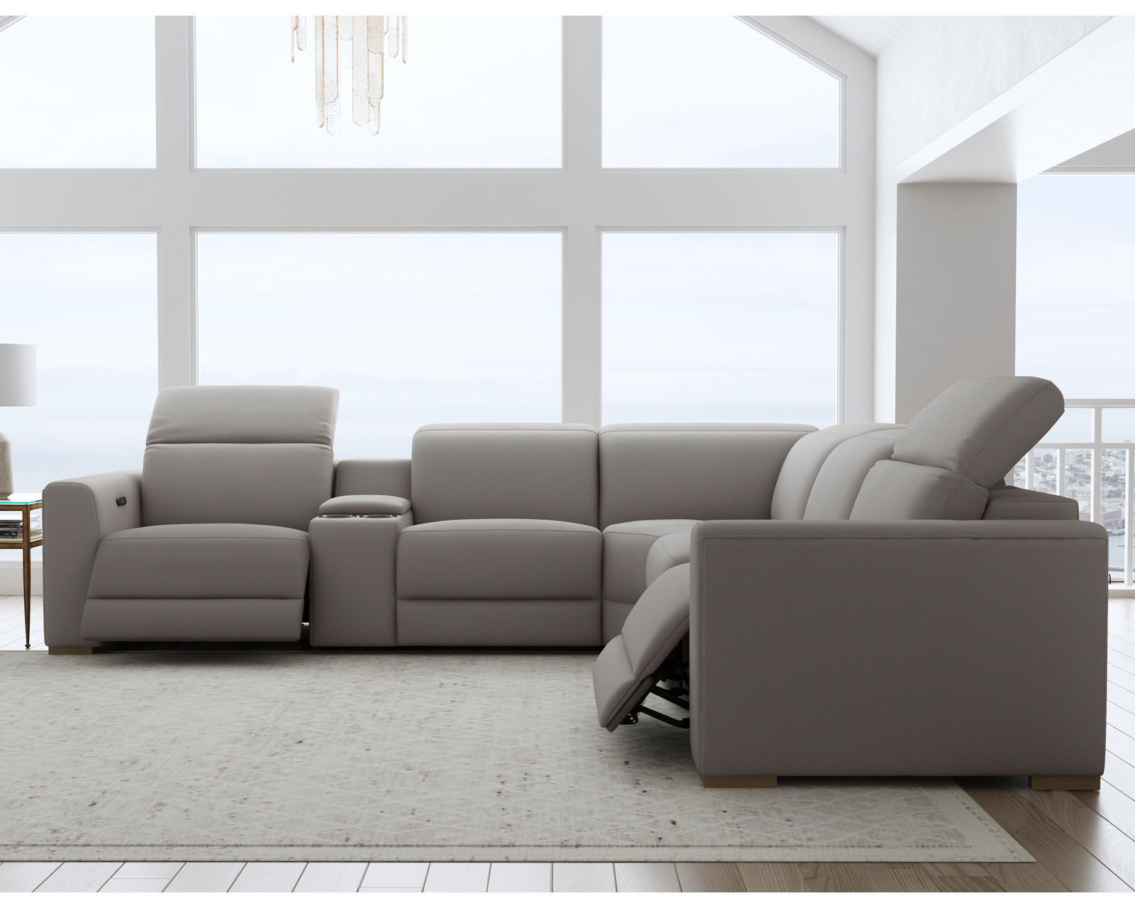 Aurora Leather Power Headrest Power Reclining Sectional (+2 colors) 749-01 - In stock - Layout B: Six Piece Reclining Sectional 134" x 121"