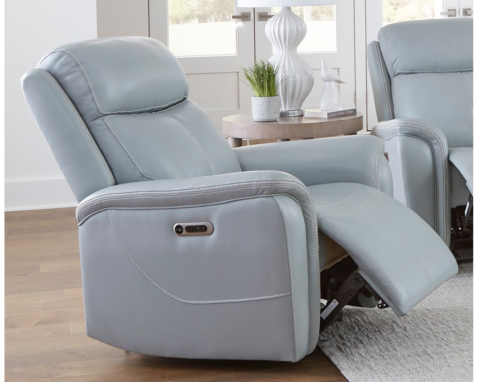 Cascade 83" Power Headrest Power Leather Reclining Sofa Seamist (In stock - Fast Shipping) - Cascade Power Headrest Power Recliner