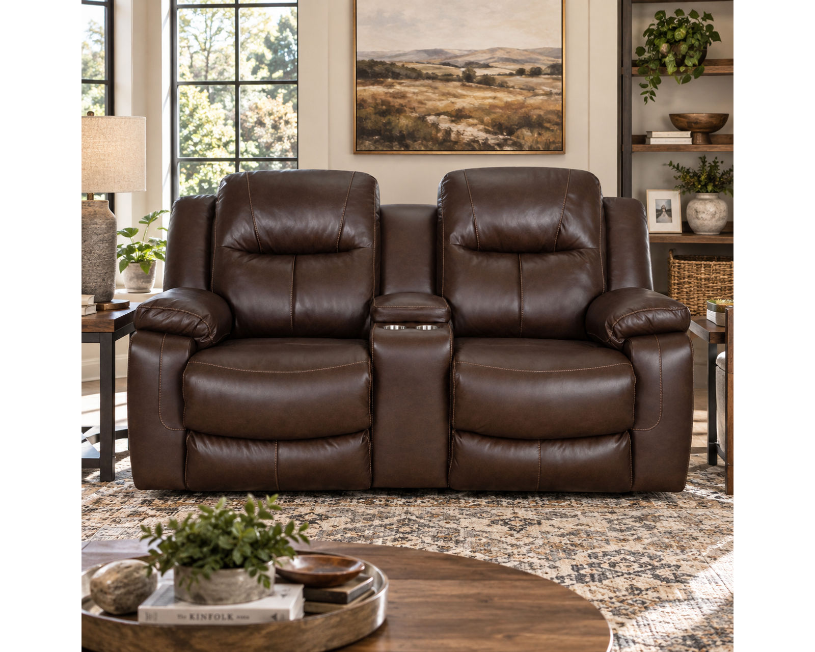 Culver 90" Reclining Sofa with Drop-Down Table & Cupholders (Leather-Look Style. Plush Comfort. Designed Around the Way You Relax) - Shown in Durable Leather Like Fabric Color Espresso