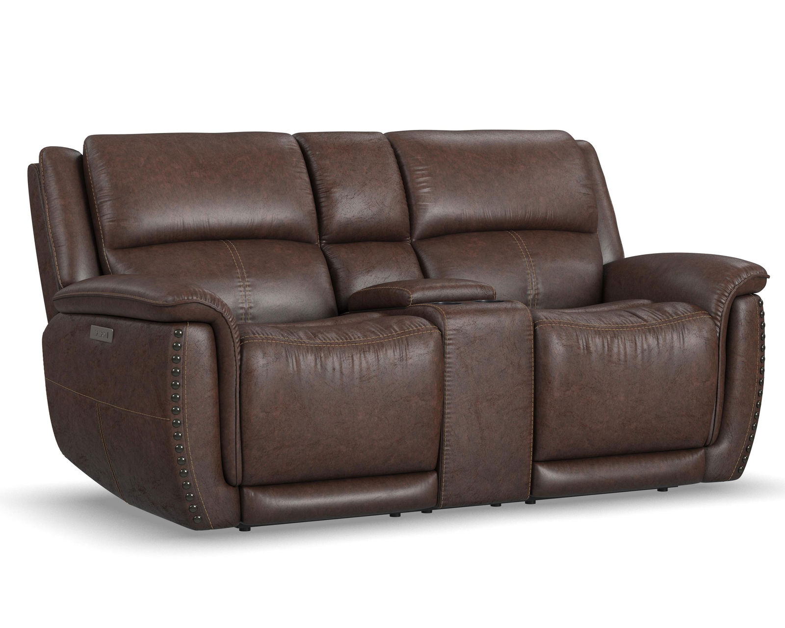Beau 1011 Power Headrest Power Reclining Console Loveseat (Chocolate faux leather fabric) in stock - Beau Power Reclining Loveseat with Console & Power Headrests