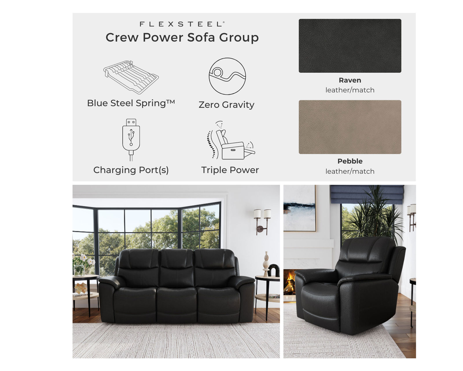Crew Power Reclining Sofa with Power Headrests & Lumbar (Black leather) 89" - in stock
