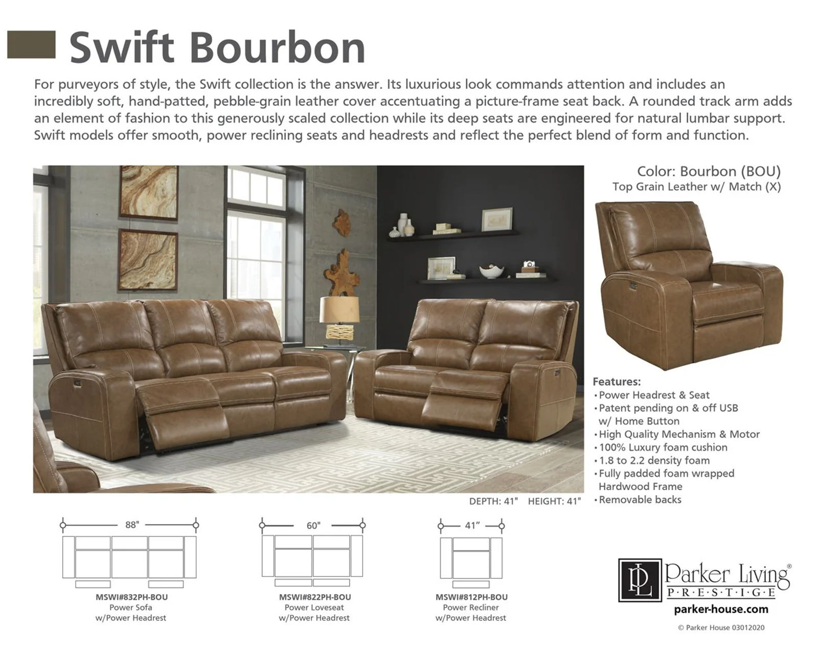 Swift 88" Power Headrest Power Reclining Sofa Leather Bourbon (In stock - Fast shipping)