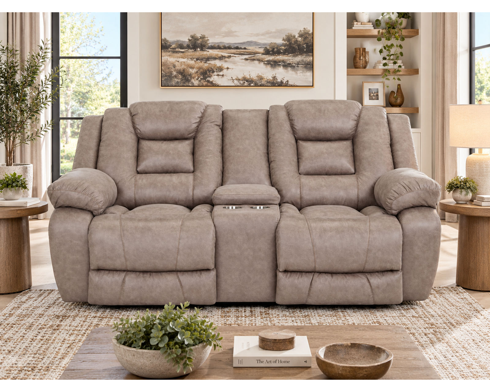Hayworth 95" Leather-Like Power Reclining Sofa (The Look of Leather. The Comfort of Power.) - Center Console Features Storage and Metal Cupholders