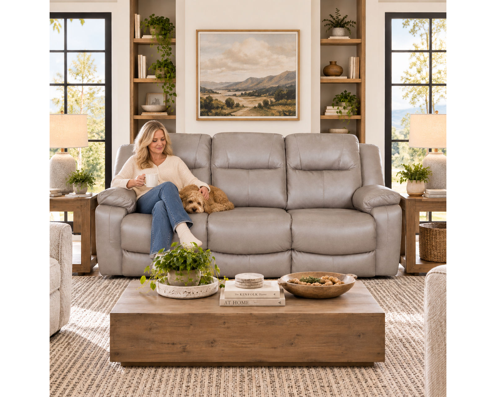 Culver 90" Reclining Sofa with Drop-Down Table & Cupholders Sterling (Leather-Look Style. Plush Comfort. Designed Around the Way You Relax) - Where Strength Meets Comfort.