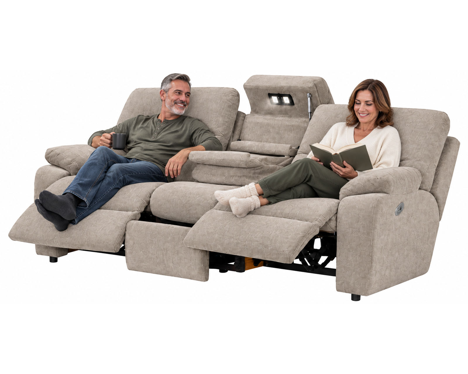 Tribute 90" Power Headrest Power Reclining Sofa Stone (center drop-down table - built-in reading lights, stainless-steel cupholders, USB charging and wireless charging - drop down table) - Includes: center drop-down table - built-in reading lights, stainless-steel cupholders, USB charging and wireless charging - drop down table