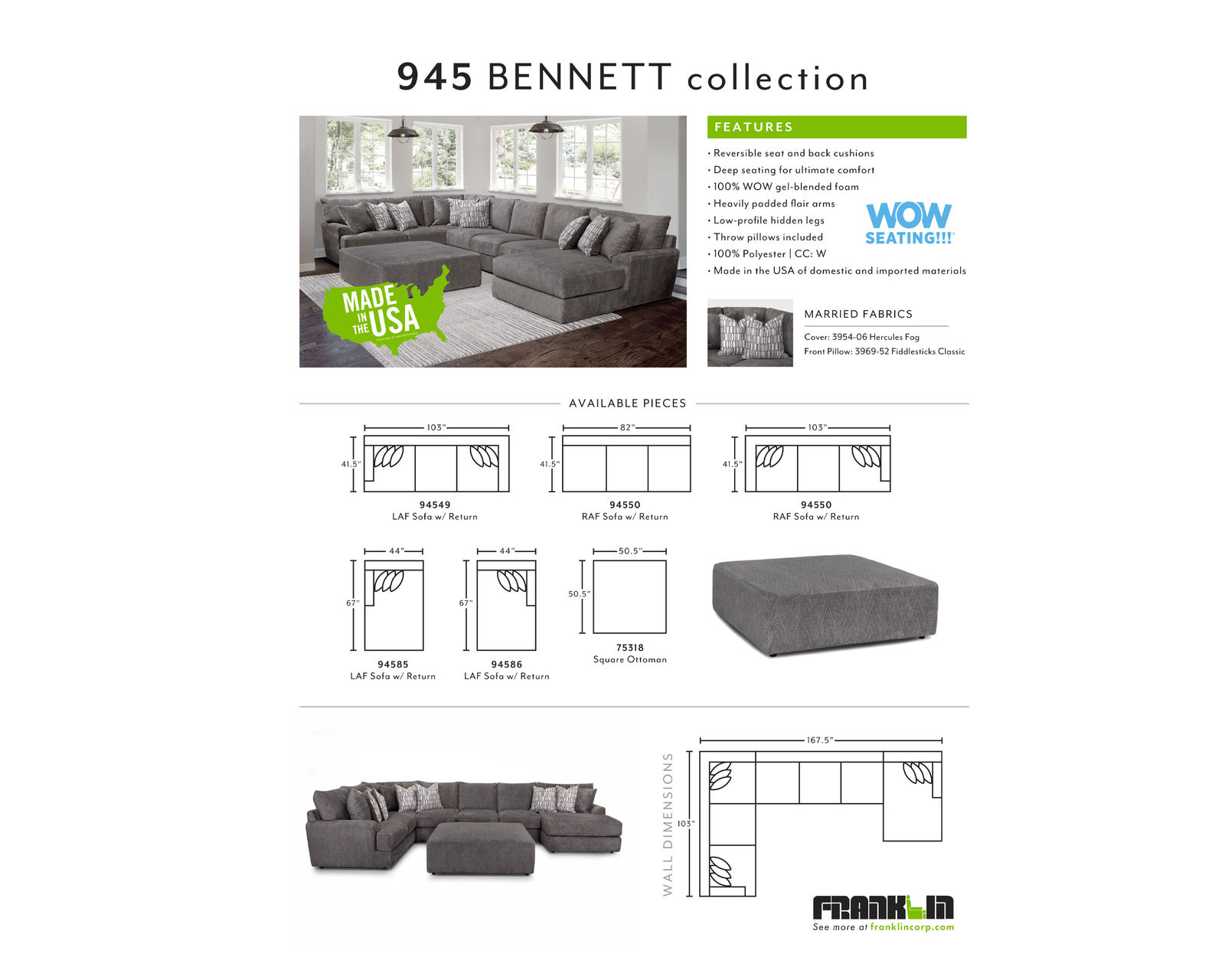 Bennett 945 Stationary Chaise Sectional (Includes Pillows)