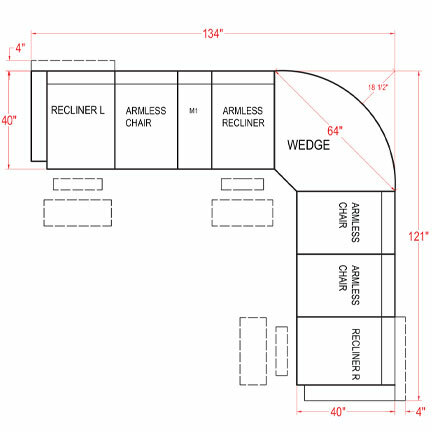 Layout C: Eight Piece Reclining Sectional 134" x 121"