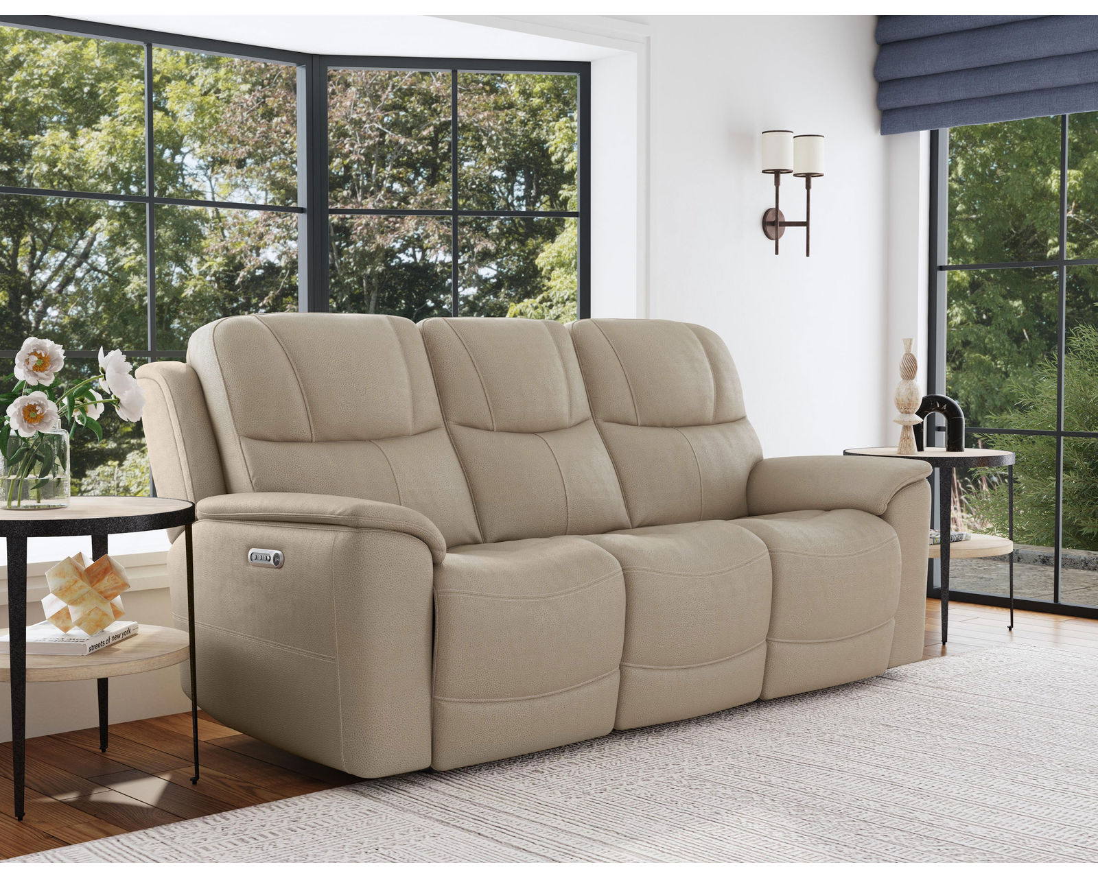 Crew Power Reclining Loveseat with Console, Power Headrests & Lumbar (Tan leather) in stock - Crew Power Reclining Sofa with Power Headrests & Lumbar
