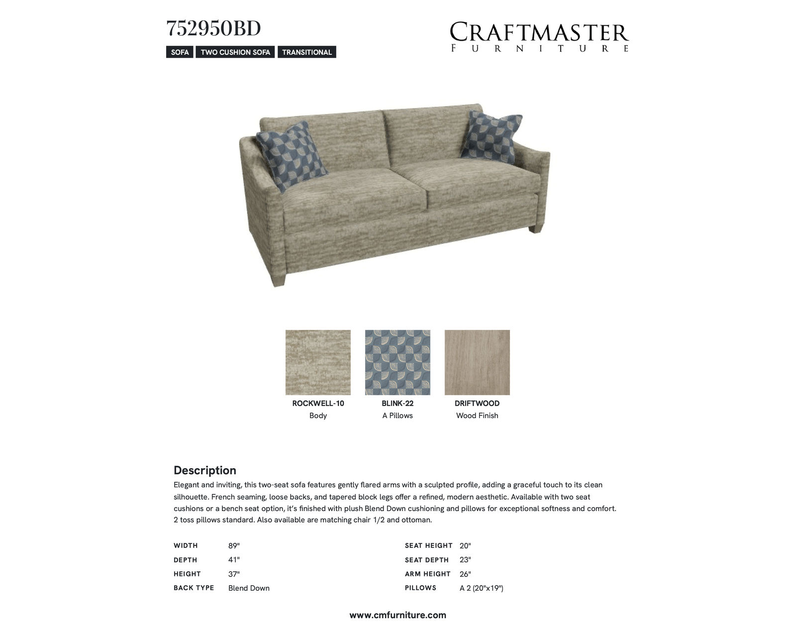 Rockwell 7529 Bench Seat Sofa (89") +100 performance fabrics - Specification