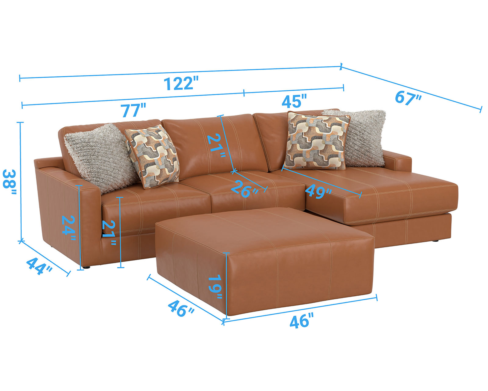 Minori Modular Leather Sectional (2 colors) includes pillows - Layout A: Two Piece Sectional 122" x 67"Layout B: Two Piece Sectional 67" x 122"