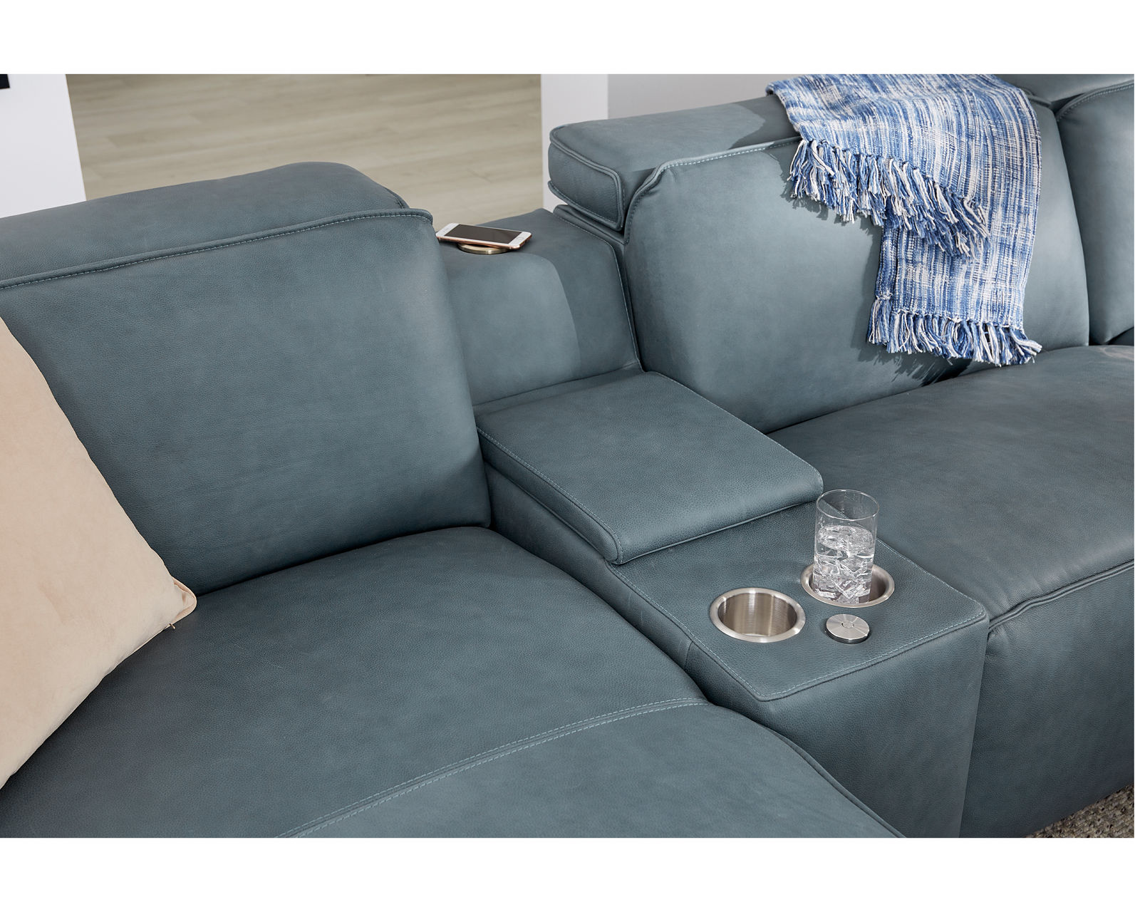 Colton 44007 Power Headrest Power Reclining Sectional (+100 leathers) - Colton Entertainment Console with Storage