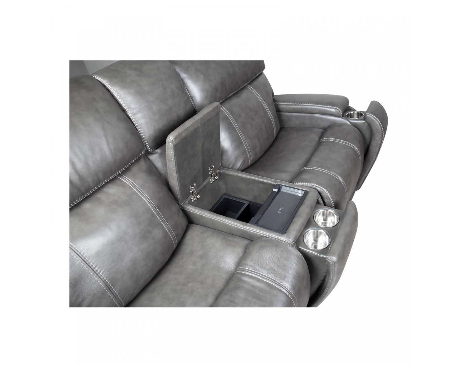 Glenwood 88" Leather Sofa w/Power Recline, Power Head Rests & Power Lumbar (Lay Flat) Steel - In stock - Metal Cupholders and Wireless Charging in Center Console
