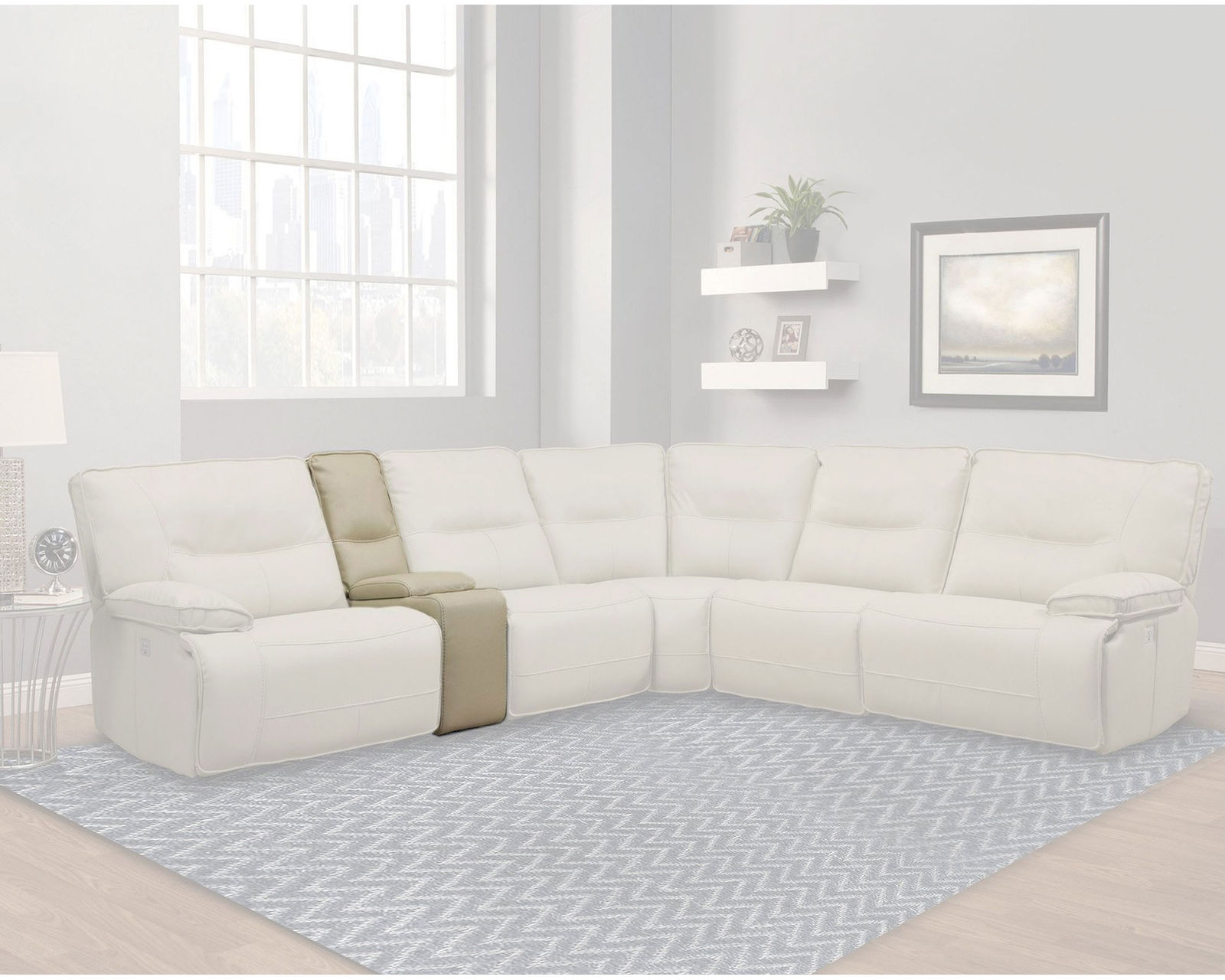 Spartacus Power Headrest Power Reclining Sectional Oyster (Leather like fabric) In stock - Fast shipping - Entertainment Console with USB Pop Up