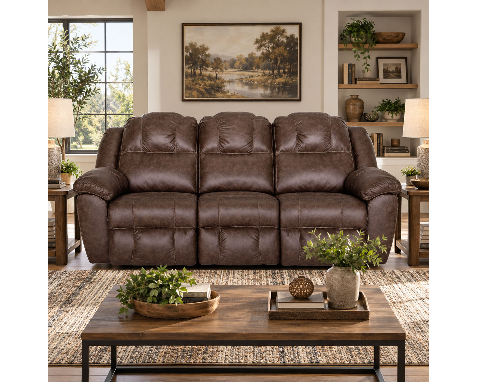Castello 92" Reclining Sofa Walnut (A Best-Selling Favorite. Plush Comfort with a Distinctive Crowned Design) - Shown in Durable Leather Like Fabric Color Walnut
