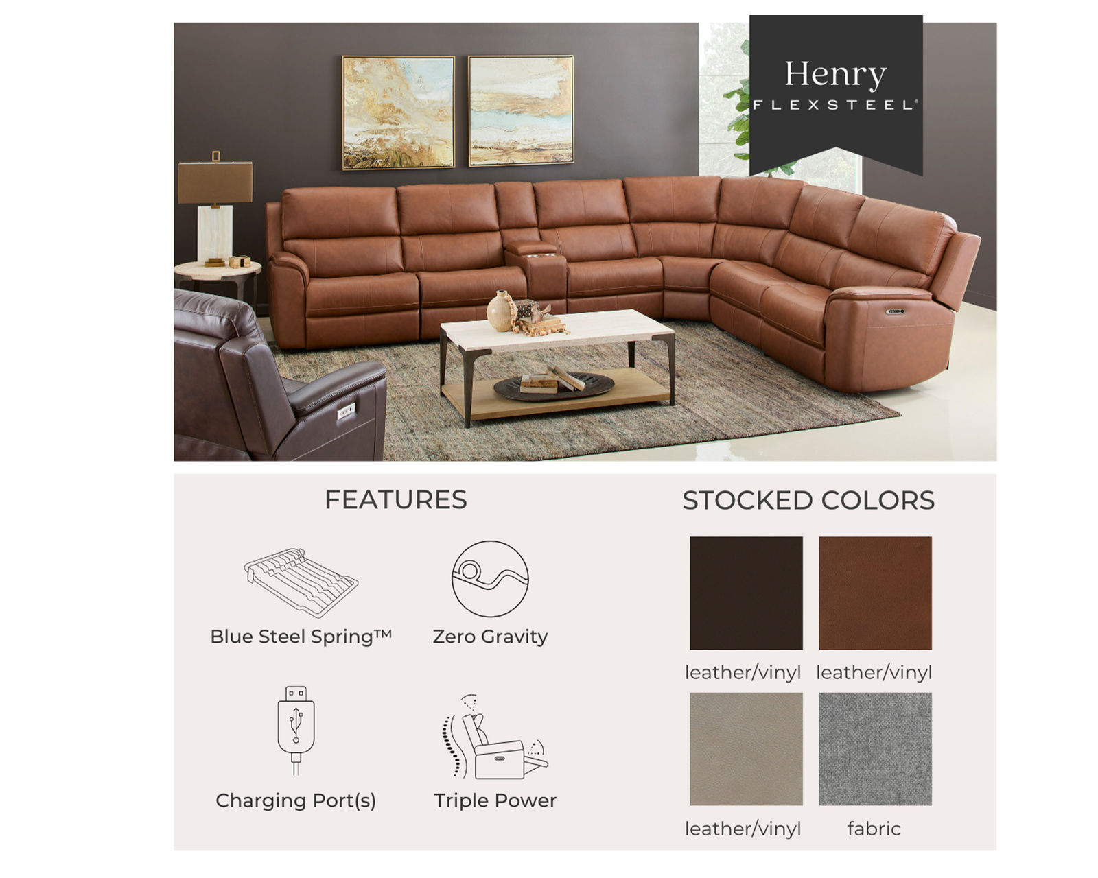 Henry Zero Gravity Reclining Sectional w/ Power Recline - Power Headrest and Power Lumbar (+3 colors) In stock