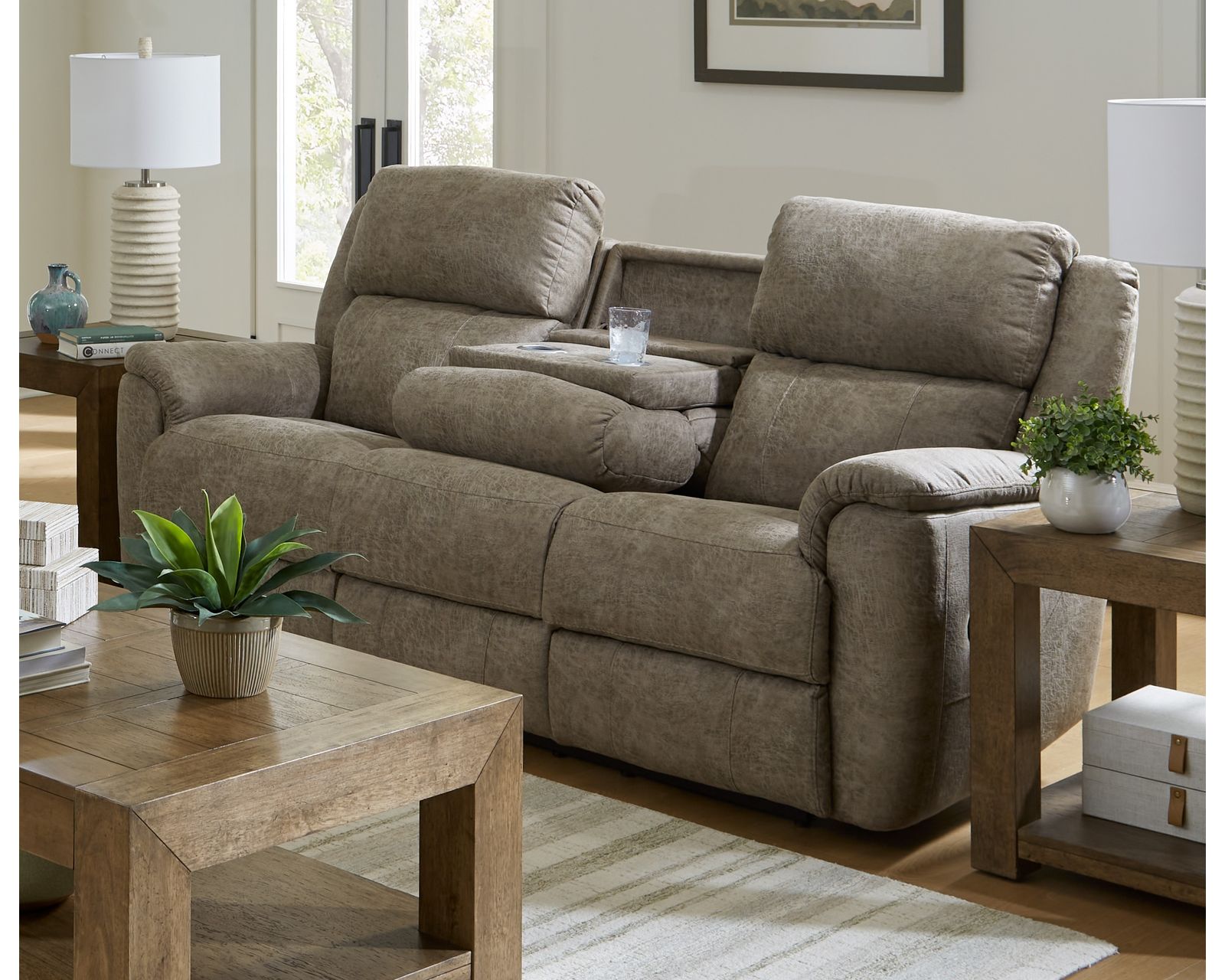 Laurel 88" Double Reclining Sofa Tan (In stock) - Laurel 88" Reclining Sofa with Drop Down Table