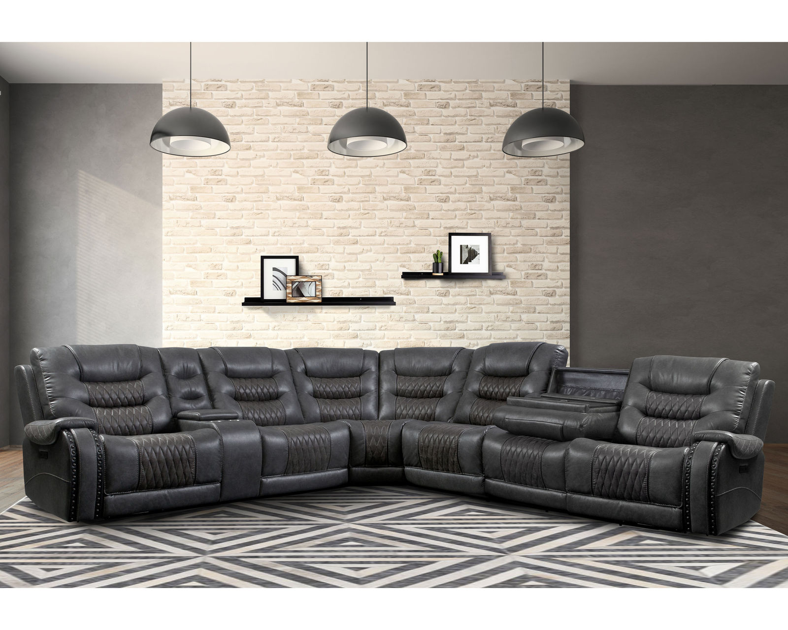 Outlaw Power Headrest Power Reclining Sectional (Leather like fabric) In stock - Fast shipping - Sectional Layout B: Outlaw Stallion Power Headrest Power Reclining Sectional with Drop Down Table