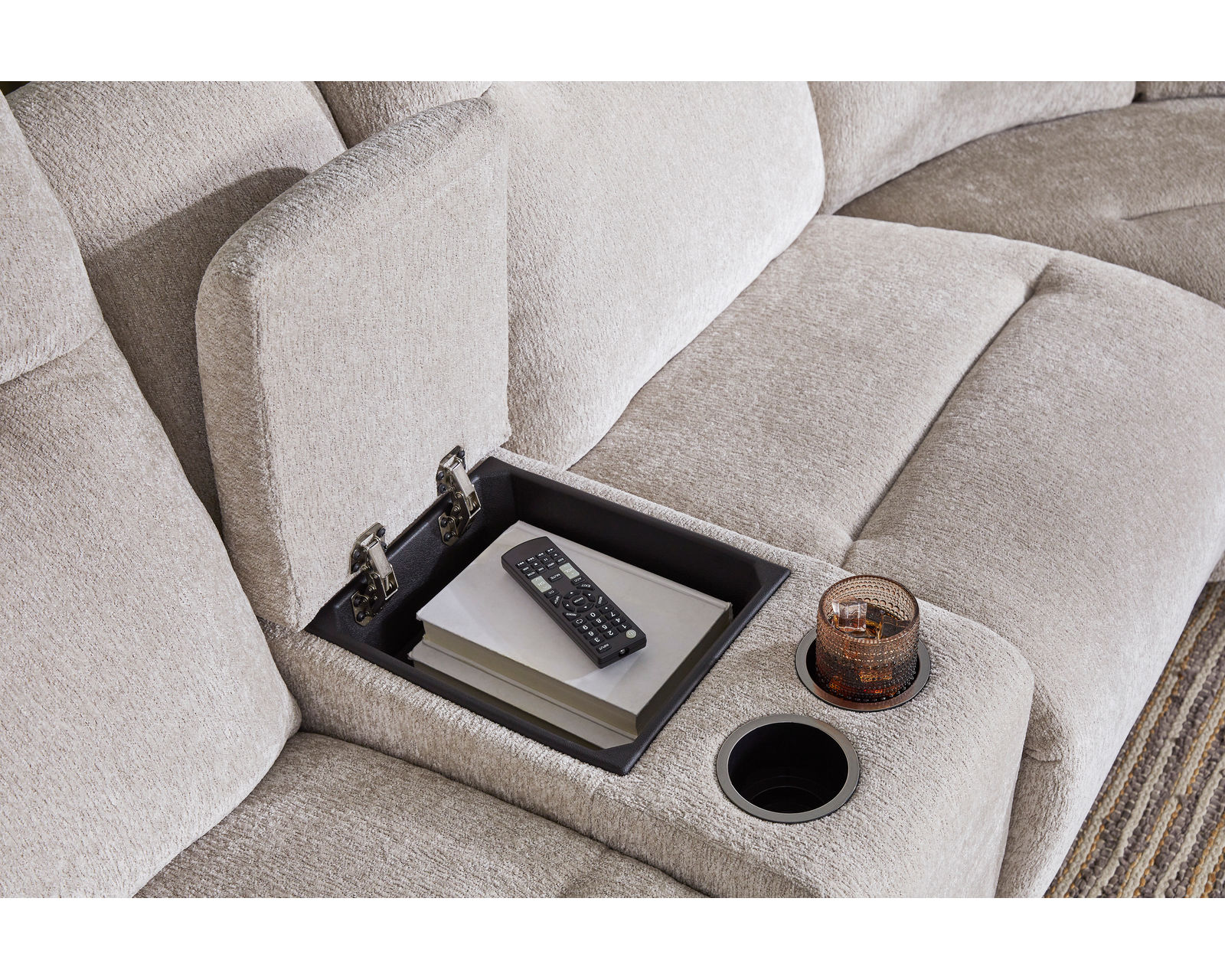 Maverly Reclining Sectional (+100 fabrics) - Entertainment Console with storage and cupholders